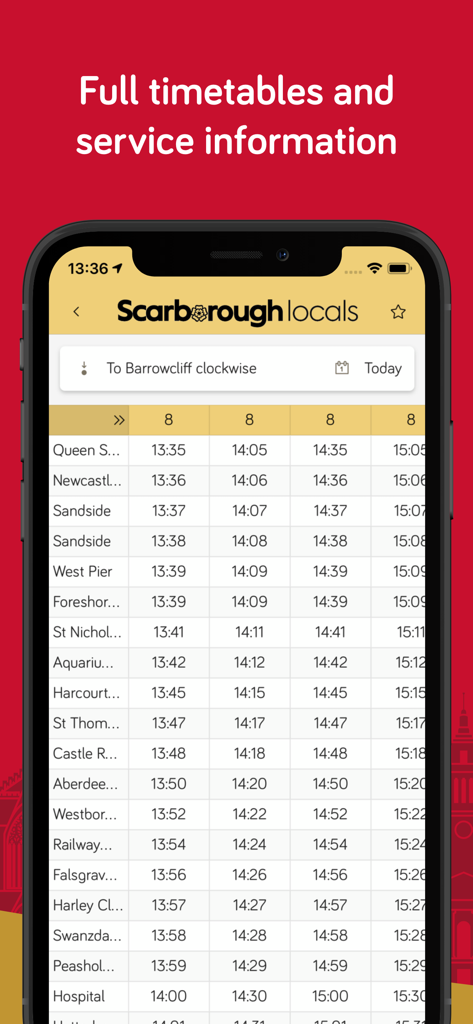 Screenshot of the East Yorkshire Buses app showing bus timetables and service information for Scarborough