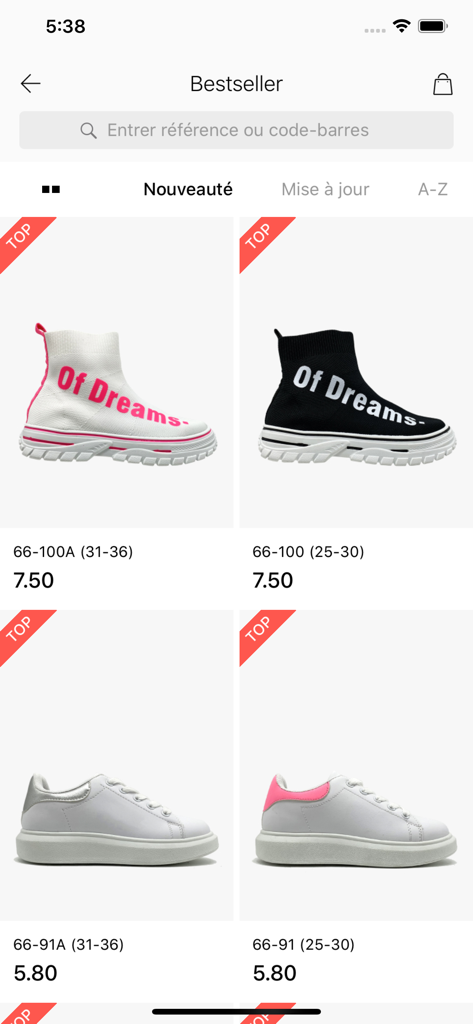 Doremi Paris - Interface de l'application mobile Doremi Paris affichant une collection de chaussures tendance pour enfants en gros