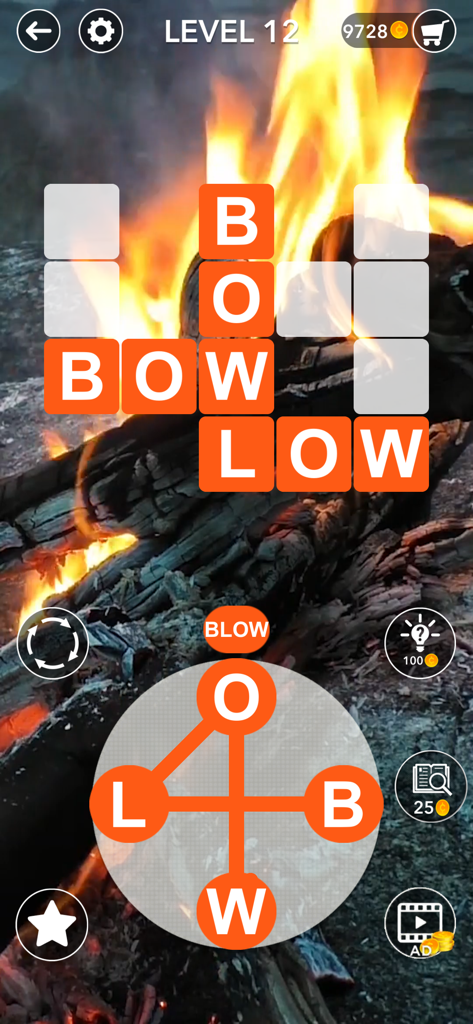 Crossword Puzzles for Seniors・ - Gameplay of Crossword Puzzles for Seniors showing a word connect puzzle over a relaxing campfire background