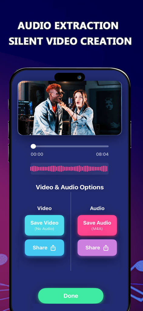 Music Remover - Vid Splitter - Music Remover app interface showing options to extract audio and create silent videos