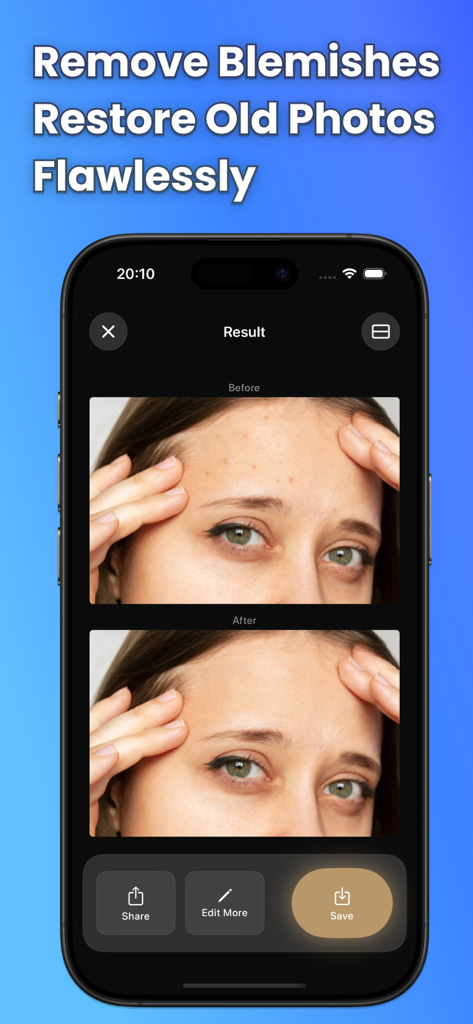 AI Eraser - Remove Objects - Before and after comparison of skin blemish removal using the AI Eraser mobile app