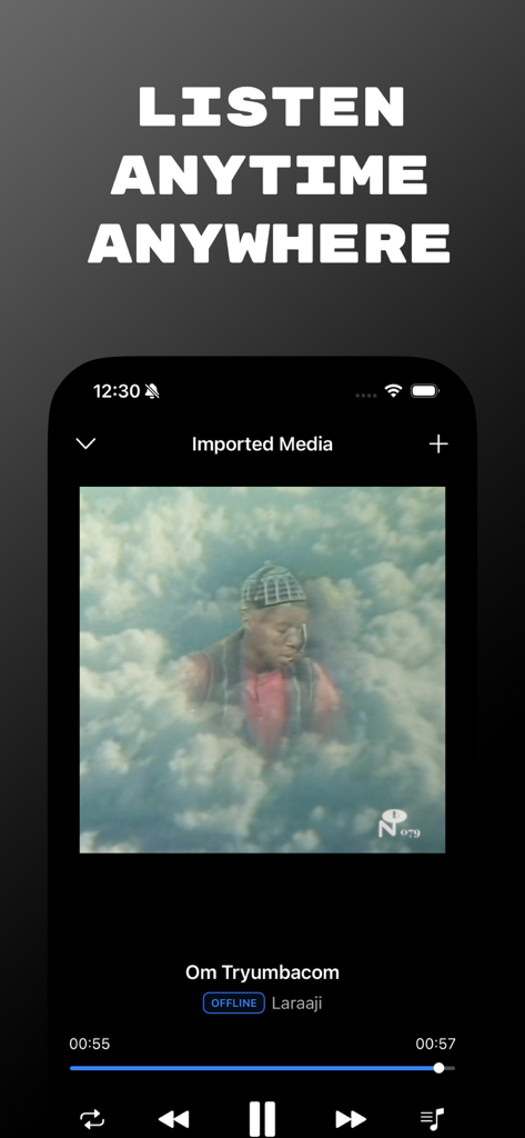 Music Player: Offline & Stream - Smartphone screen showing the Music Player app interface with offline playback controls and the text Listen Anytime Anywhere