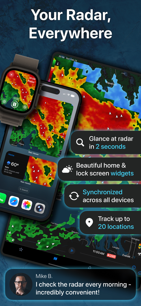 RainViewer weather radar app interface shown on iPhone iPad and Apple Watch highlighting widgets and device synchronization