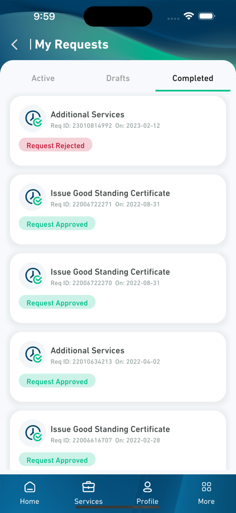 Mumaris+ - List of completed service requests in the Mumaris plus app including certificates of good standing