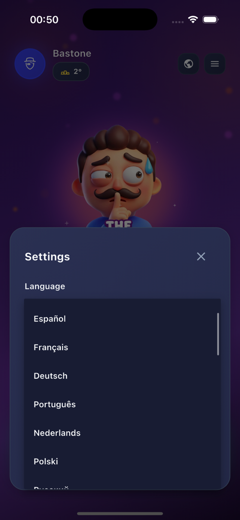 Undercover Mr White app language settings menu showing multi language options