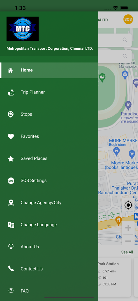 Side navigation menu of the Chennai Bus mobile app showing Trip Planner, Stops, Favorites, and SOS Settings.