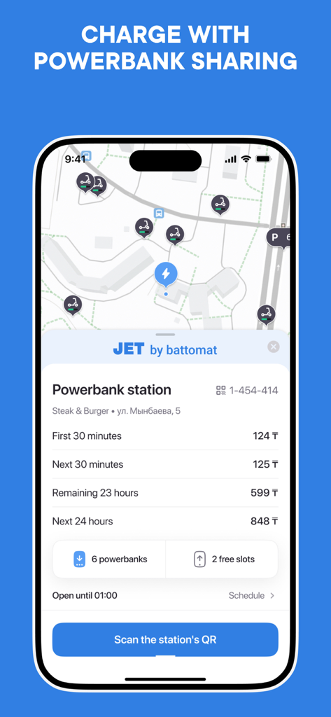 JET – scooter sharing - Interface do aplicativo de compartilhamento de patinetes JET mostrando um mapa com estações de aluguel de powerbank disponíveis e preços detalhados para pacotes de bateria.