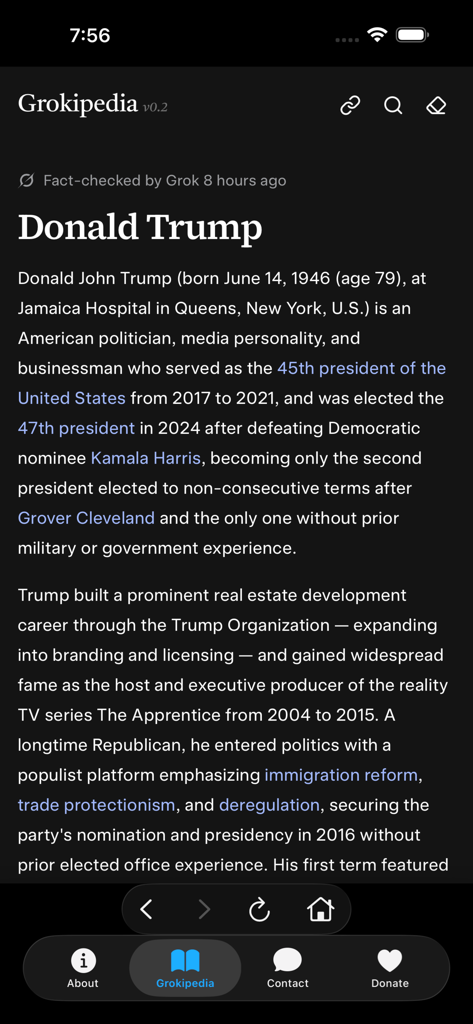 Groki Powered by Grokipedia - Interfaz de la aplicación Groki que muestra un resumen conciso de IA sobre Donald Trump en modo oscuro