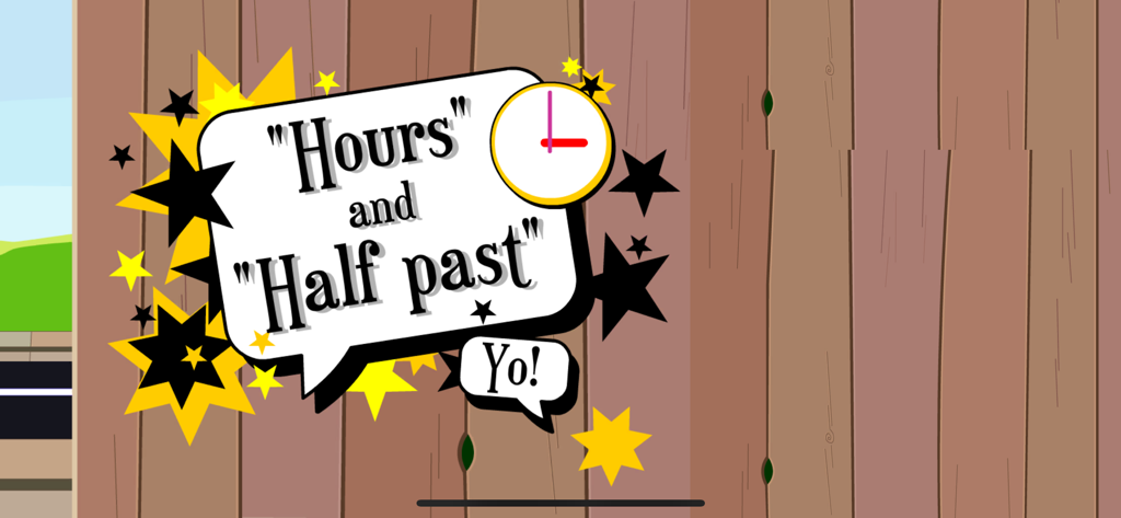 Educational game screen teaching hours and half past concepts with an analog clock icon