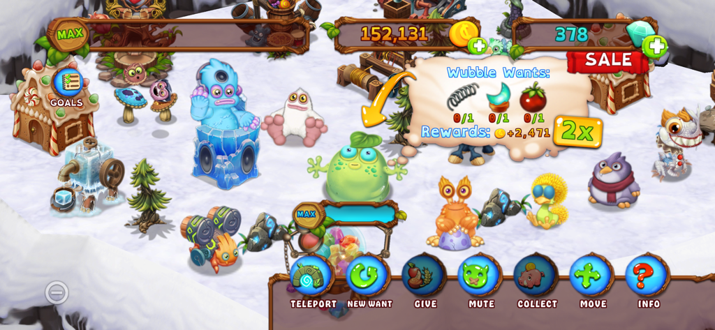 Screenshot del gameplay di My Singing Monsters Dawn of Fire che mostra vari mostri colorati su un'isola innevata con un menu di richieste di creazione e icone dell'interfaccia utente.