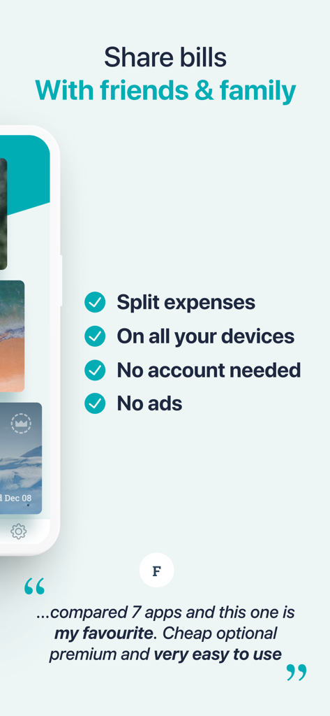 Sesterce – Split expenses - Sesterce app screen listing key features like splitting expenses and no account requirement with a user testimonial