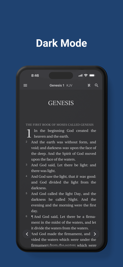 Literal Word Bible app interface showing the book of Genesis in dark mode