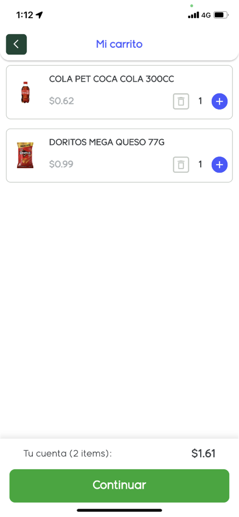 SuperEasy Box - A mobile app shopping cart screen displaying a Coca-Cola and Doritos with a total of one dollar and sixty-one cents.