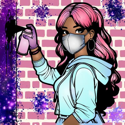 realistic girl with mask spray painting a wall