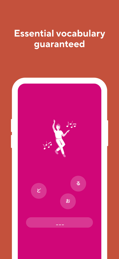 Learn Japanese - Drops - Mobile app interface of Learn Japanese Drops showing hiragana characters and a minimalist dancing illustration