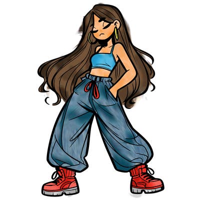 girl in baggy pants crop top and long hair