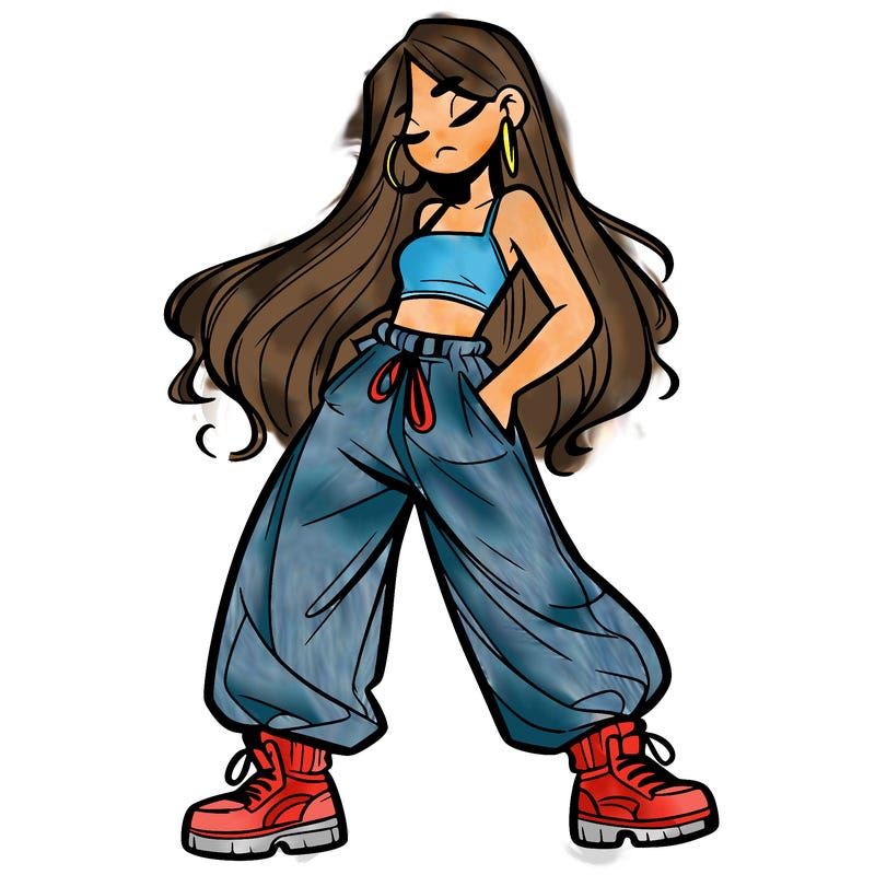 girl in baggy pants crop top and long hair