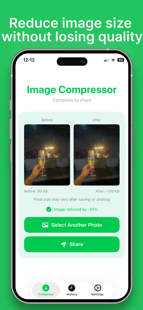 Image Compressor: Pro - Interface of Image Compressor Pro showing a before and after comparison of a compressed photo on an iPhone