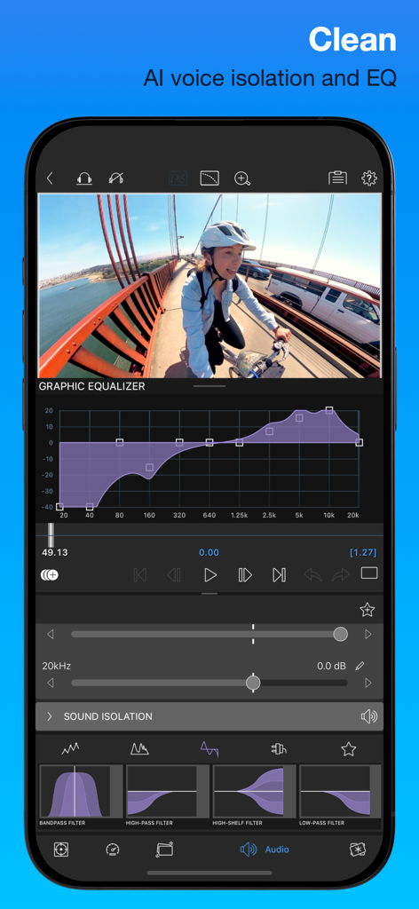LumaFusion - LumaFusion professional audio editing interface featuring graphic equalizer and AI voice isolation