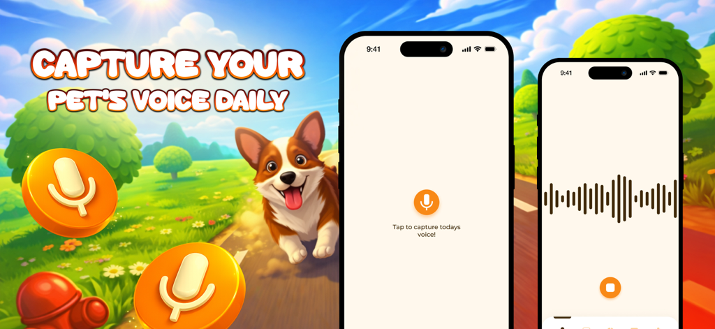 My Echo Collar : Pet Whisper - Interface of the My Echo Collar app showing pet voice recording features and sound wave visualizations with an illustrated dog