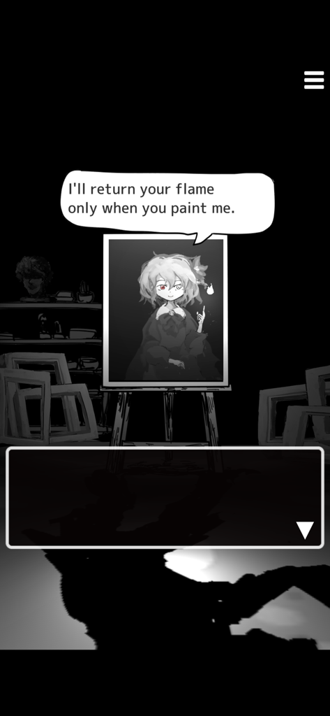 Death Palette - Matsuro - A black and white scene from Death Palette Matsuro featuring a cursed girl in a painting speaking to the player on an easel in a dark studio.