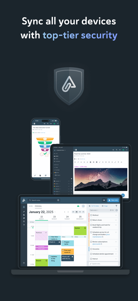 Amplenote - Amplenote app interface on smartphone tablet and laptop with security shield icon