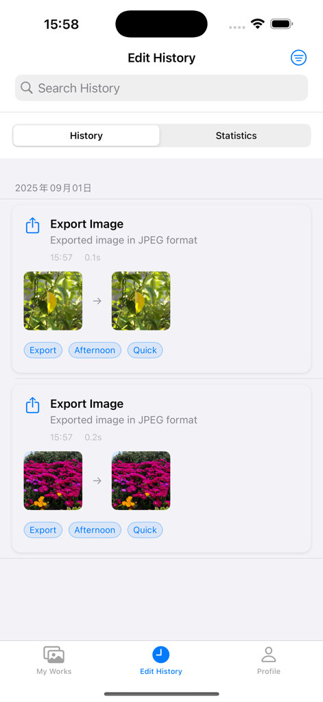 Reticpic app interface showing the edit history screen with a list of recently exported photos and associated tags
