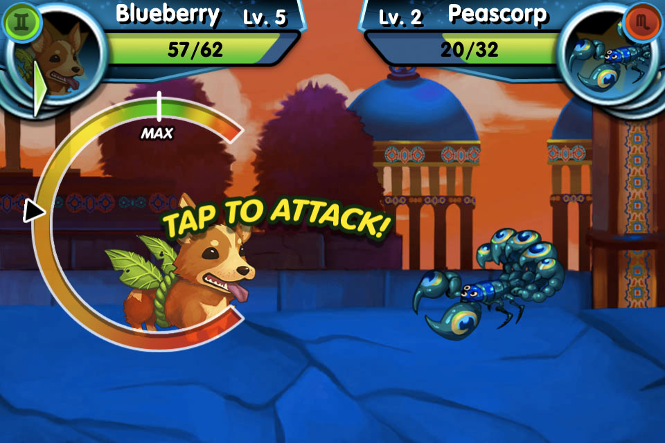 A battle scene in Monster Galaxy The Zodiac Islands featuring Blueberry the dog monster and Peascorp the scorpion monster