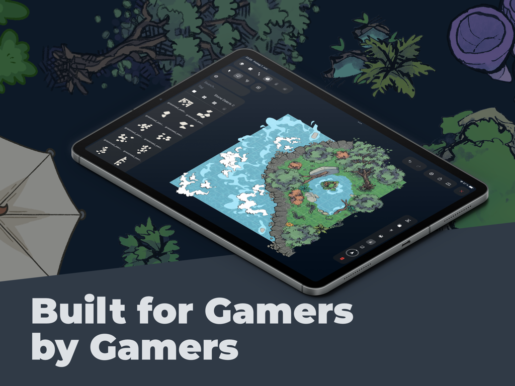 Pantalla de iPad que muestra la interfaz de MapMe con un mapa de batalla de Dungeons and Dragons en edición y el texto Creado para jugadores por jugadores.