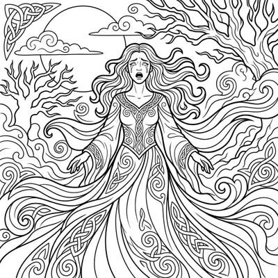 Explore the haunting beauty of Irish folklore with this intricate Banshee coloring page. Featuring a mournful spirit amidst swirling Celtic patterns and ancient trees, it offers a deeply engaging artistic experience.