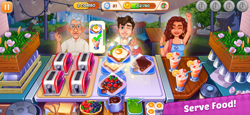Sirviendo platos de desayuno y batidos a clientes felices en el juego de cocina My Cafe Shop