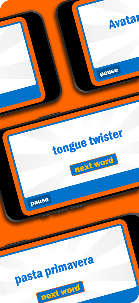 Phrase Frenzy - Catch It! - Phrase Frenzy game screen showing word cards for tongue twister and pasta primavera