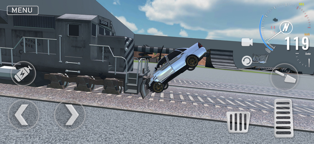 A silver car crashing into a train in Car Crash Premium offline simulation