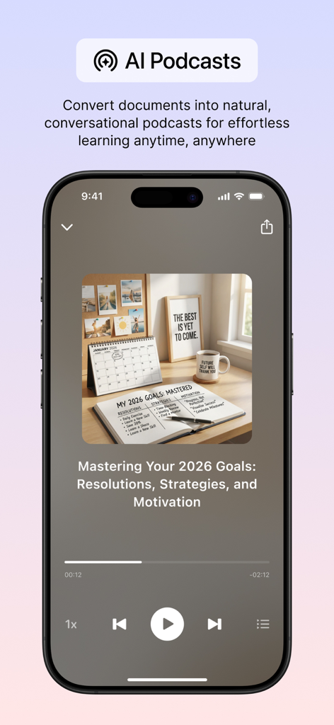 ListenHub AI app interface showing a document converted into a conversational AI podcast player.