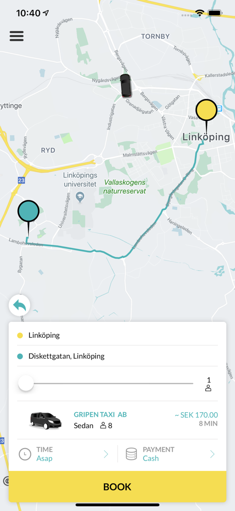 Taxi Booker - Taxi Booker app interface showing a ride route on a map with pricing and booking options.