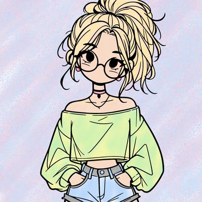 girl with a messy ponytail glasses a baggy crop top and jean shorts