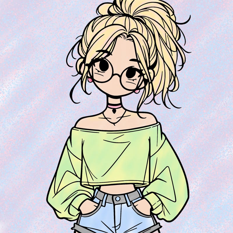 girl with a messy ponytail glasses a baggy crop top and jean shorts