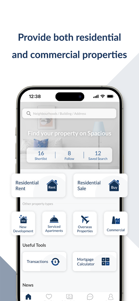 千居Spacious Rent & Buy Property - Pantalla de inicio de la aplicación inmobiliaria Spacious que muestra categorías de propiedades residenciales y comerciales