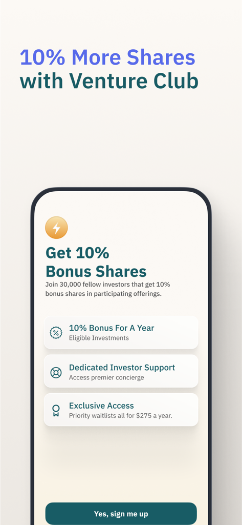 Pantalla de la app móvil StartEngine promocionando los beneficios de membresía del Venture Club, incluyendo acciones de bonificación del 10 por ciento y soporte dedicado al inversor