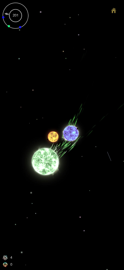 Evolution Planet - 14 Billion - A simulation of glowing celestial bodies with colorful motion trails in space