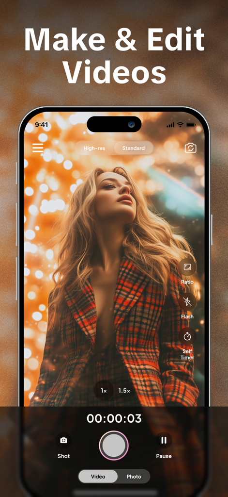 Photo Editor AI - Edit Photos - Pantalla de una aplicación móvil mostrando a una mujer siendo grabada con filtros de belleza IA cinematográficos en tiempo real y controles de edición de video