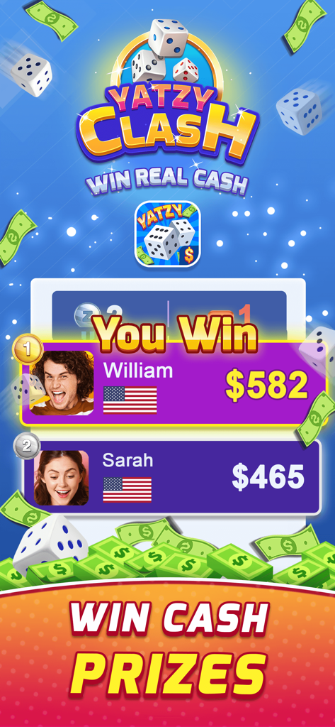 Tabla de clasificación de Yatzy Clash mostrando jugadores ganando premios en dinero real con dados y billetes de dólar