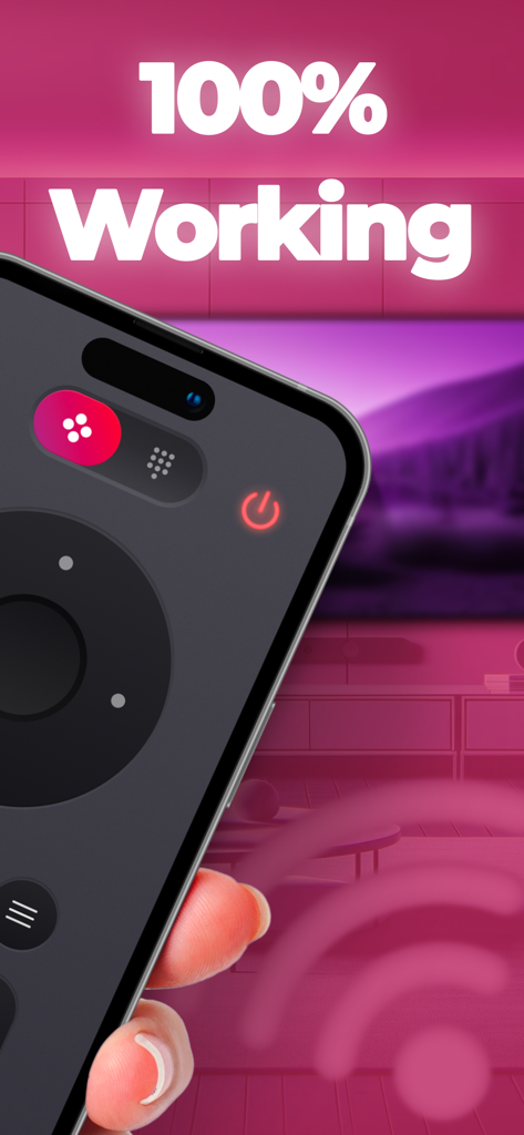 TCLee : Remote for TCL ROKU TV - Smartphone screen showing the TCLee remote control app interface for TCL Roku TV with a hundred percent working text