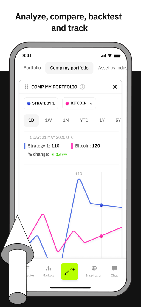 Merlin Investor - Merlin Investor app screen comparing a custom investment strategy against Bitcoin with a performance line chart