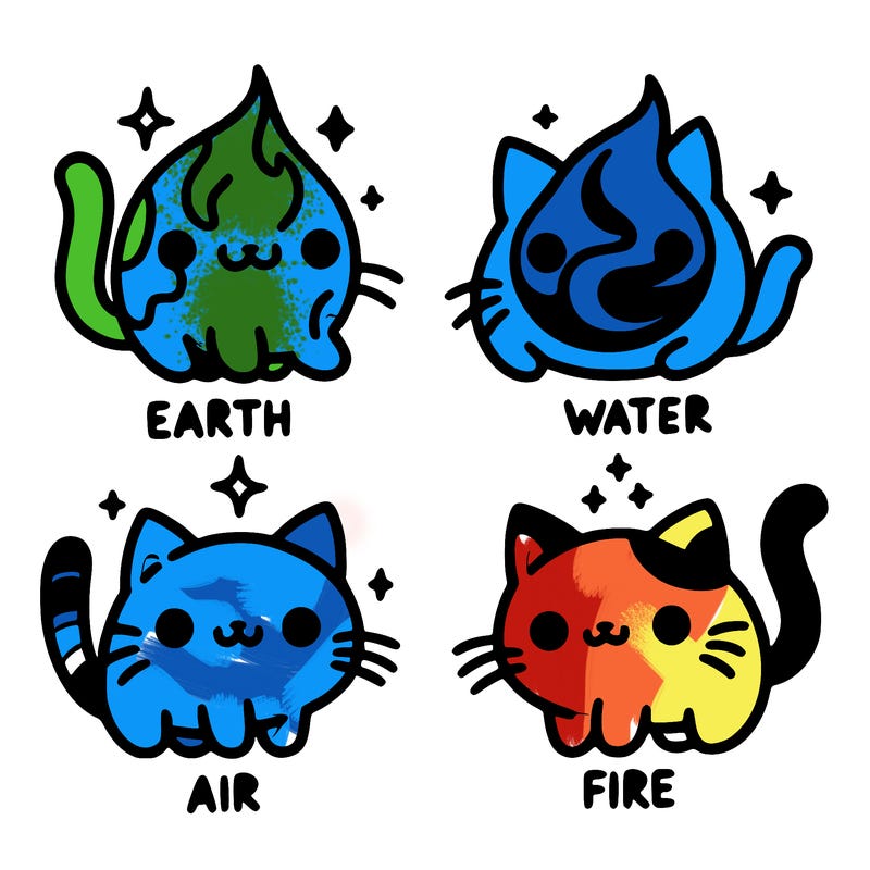 4 cats that represent the different elements, earth, water, air, and fire