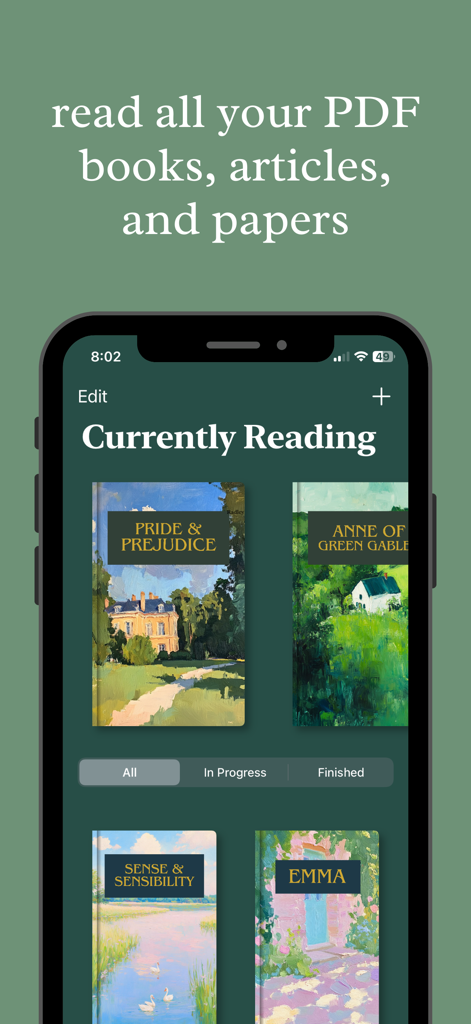 scrolly: cute pdf ebook reader - Scrolly app library showing classic book covers with an aesthetic dark green theme