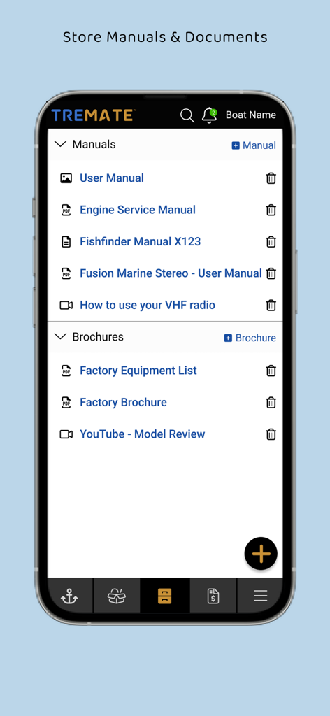 TreMate - Pantalla de la aplicación TreMate que muestra manuales digitales organizados del barco y folletos de equipos