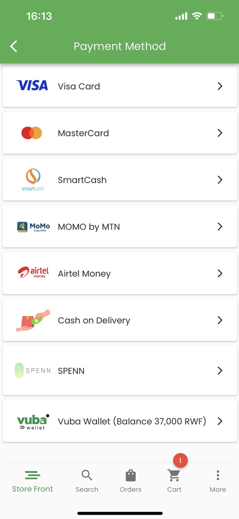 Vuba Vuba - Vuba Vuba app payment method selection screen showing international and local Rwandan payment options