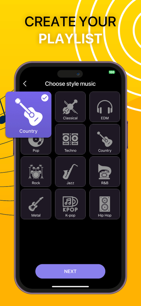 AIミュージックジェネレーターアプリのインターフェース。パーソナライズされたプレイリストを作成するために、EDM、ロック、ジャズなどの音楽ジャンルの選択が表示されています。