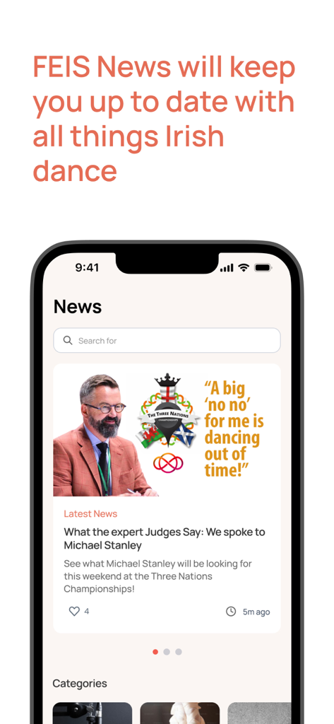 Screenshot of the Feis app news feed featuring Irish dance competition updates and judge interviews.